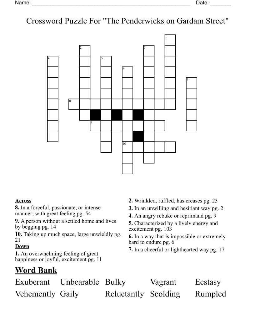 Crossword Puzzle For "The Penderwicks on Gardam Street"