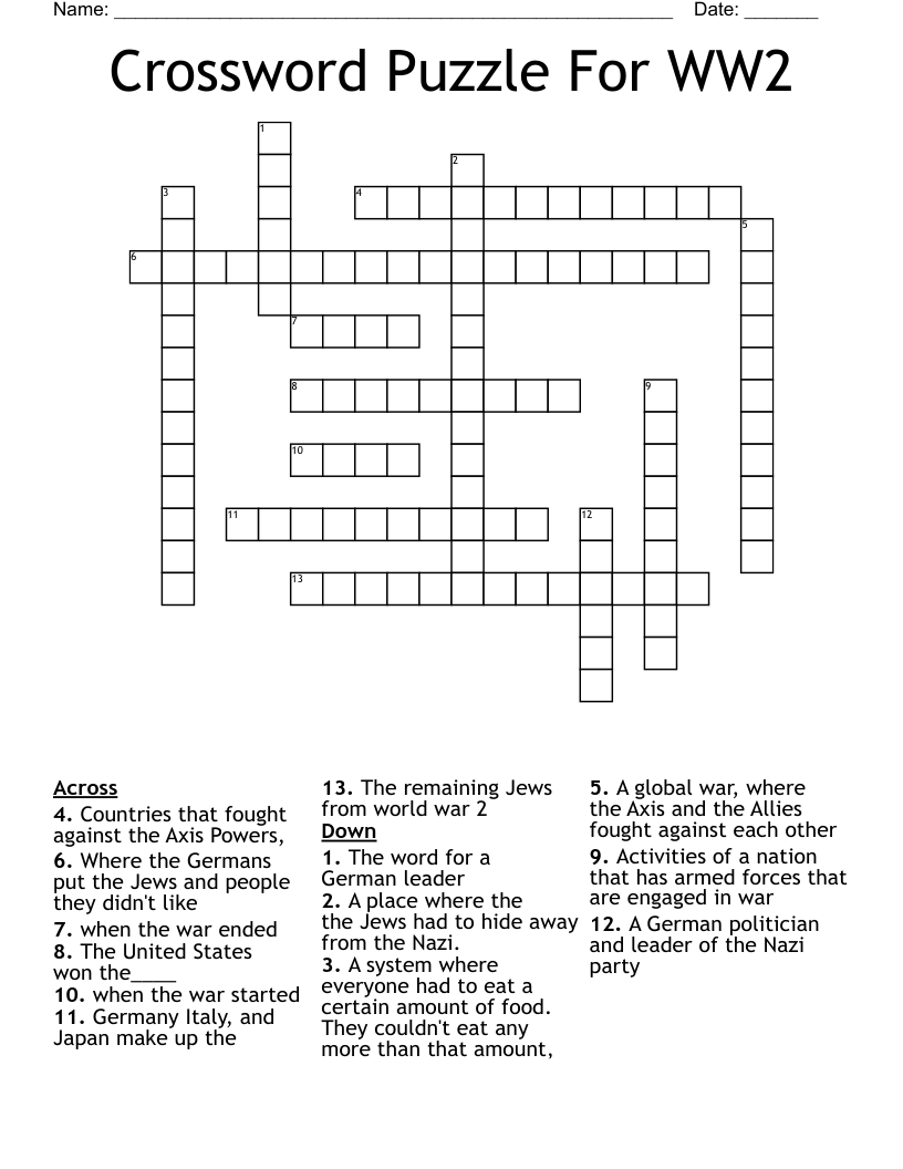 Crossword Puzzle For WW2