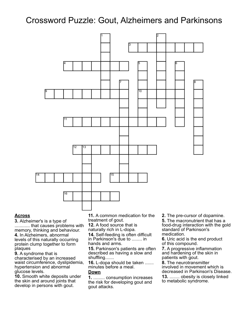 Crossword Puzzle: Gout, Alzheimers and Parkinsons