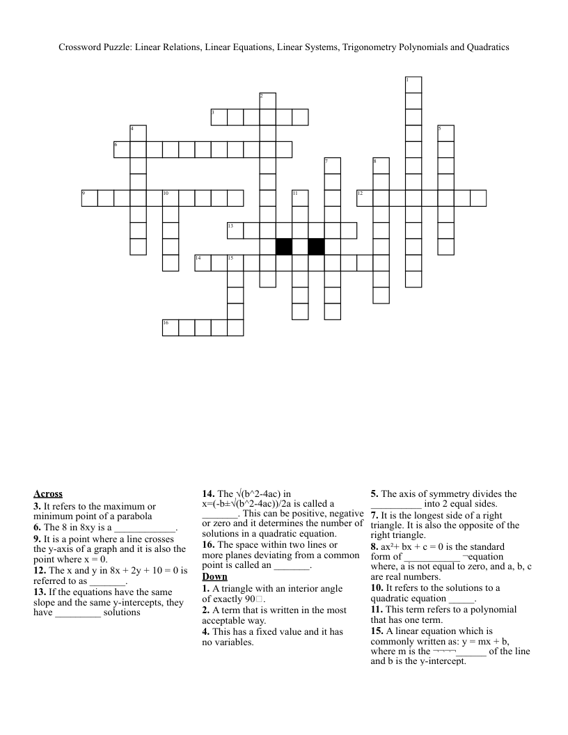 Crossword Puzzle: Linear Relations, Linear Equations, Linear Systems, Trigonometry Polynomials and Quadratics