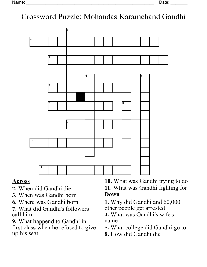 Crossword Puzzle: Mohandas Karamchand Gandhi