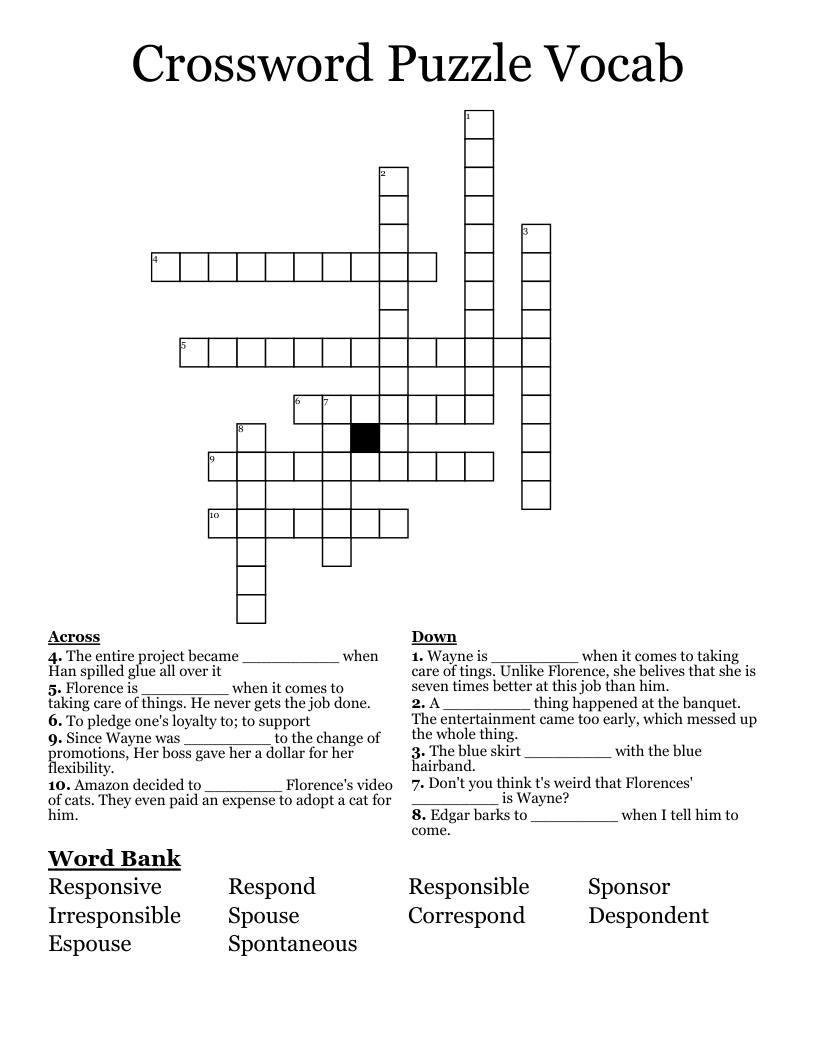 Crossword Puzzle Vocab