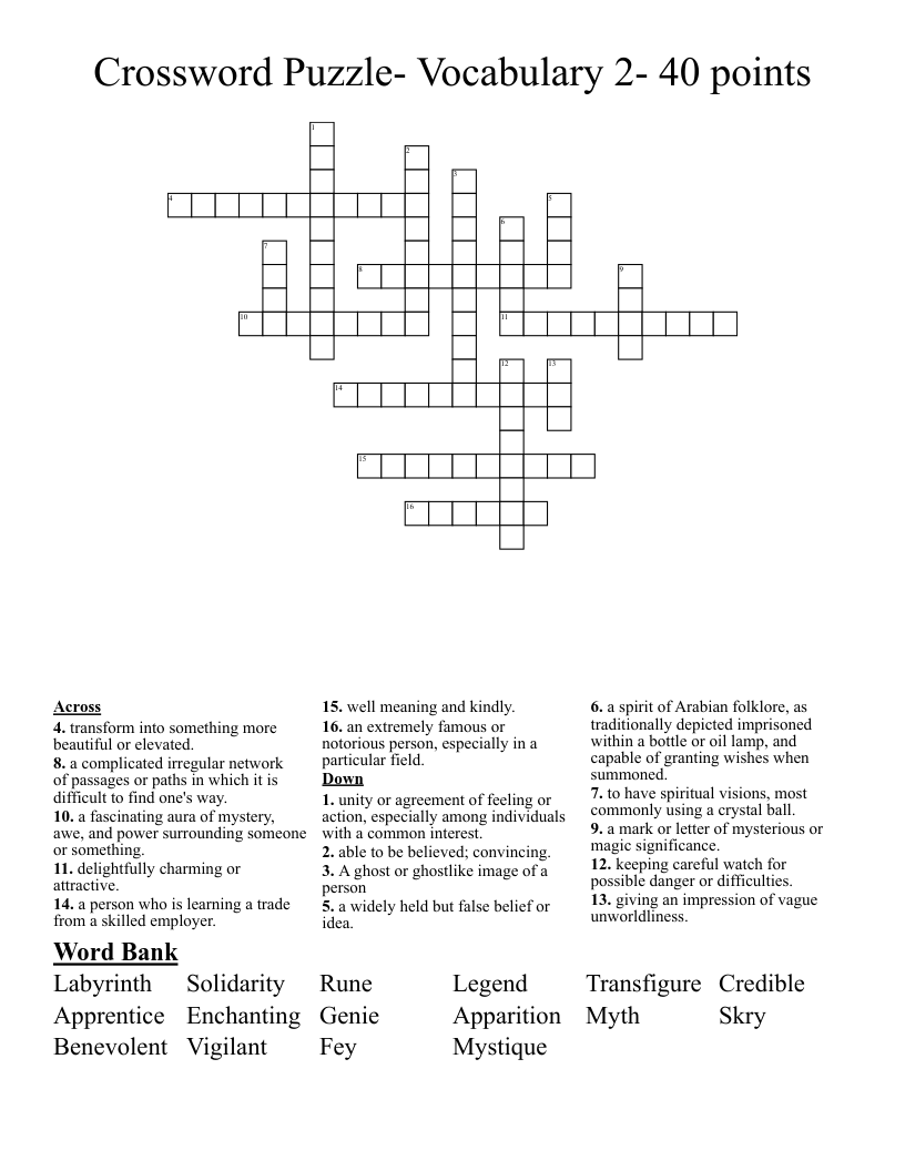Crossword Puzzle- Vocabulary 2- 40 points