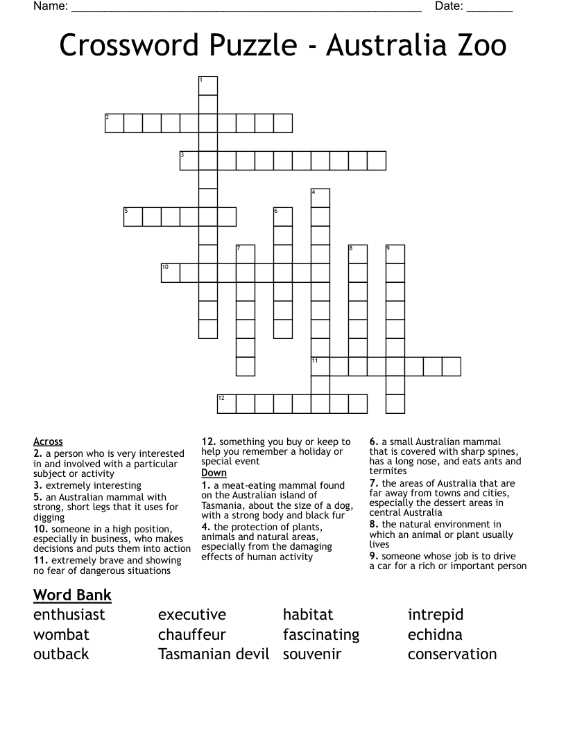 Crossword Puzzle - Australia Zoo