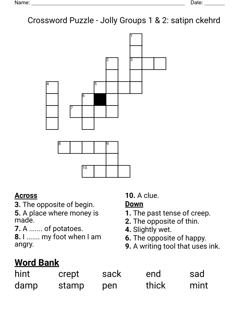 Crossword Puzzle - Jolly Groups 1 & 2: satipn  ckehrd 