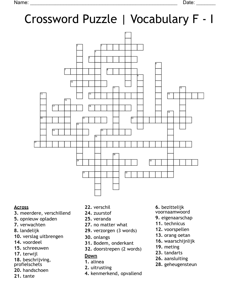 Crossword Puzzle | Vocabulary F - I