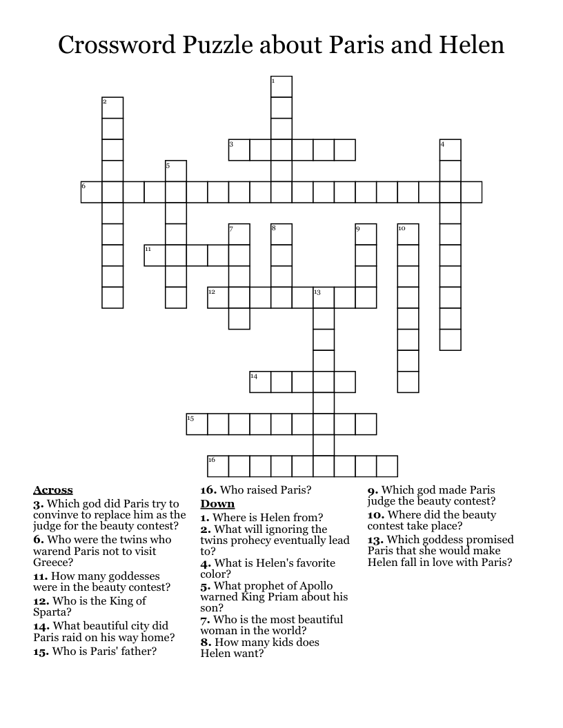 Crossword Puzzle about Paris and Helen