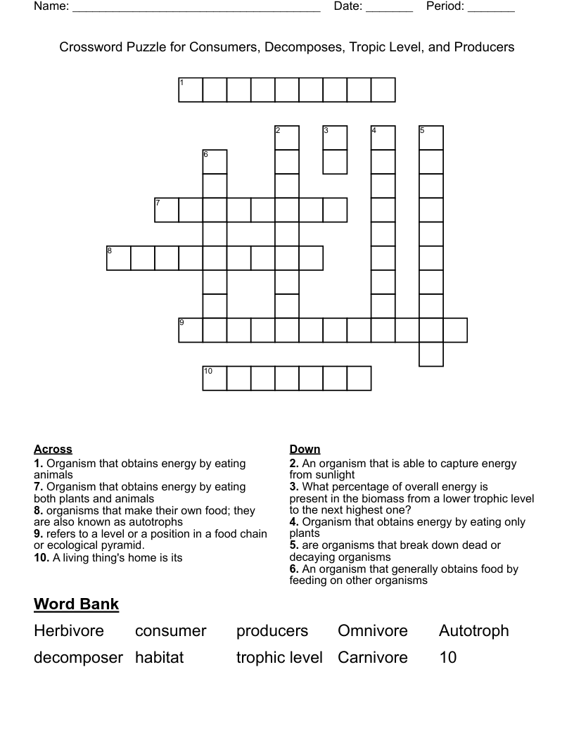 Crossword Puzzle for Consumers, Decomposes, Tropic Level, and Producers