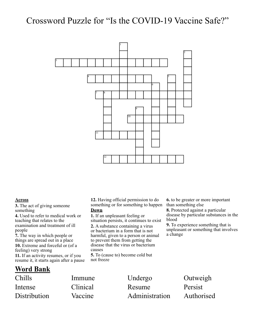 Crossword Puzzle for “Is the COVID-19 Vaccine Safe?”