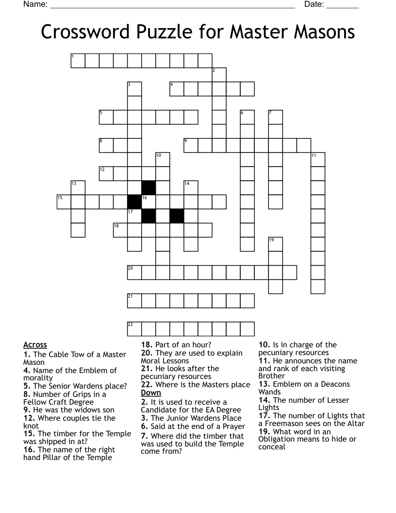 Crossword Puzzle for Master Masons
