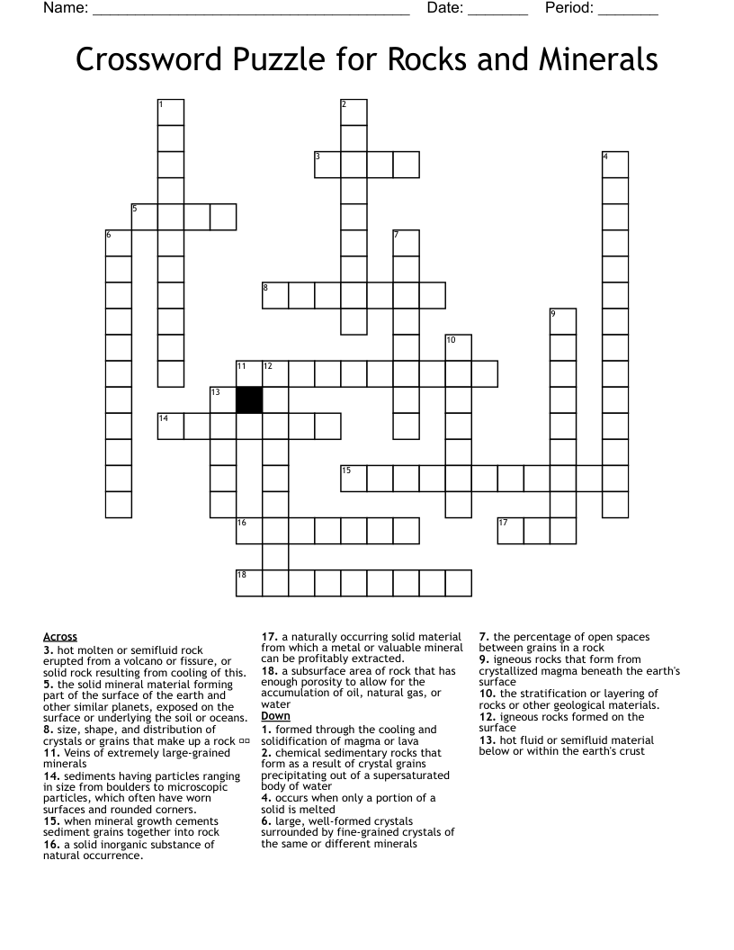 Crossword Puzzle for Rocks and Minerals