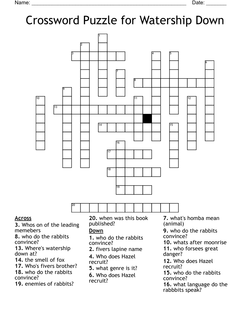 Crossword Puzzle for Watership Down