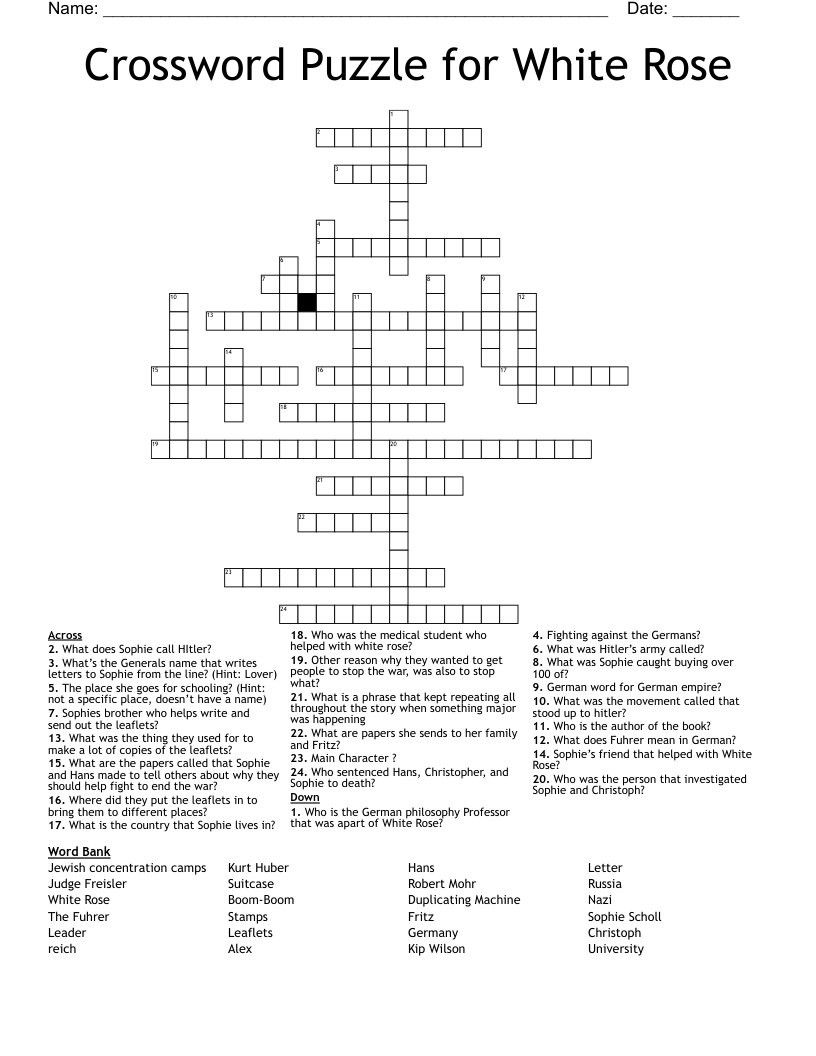 Crossword Puzzle for White Rose