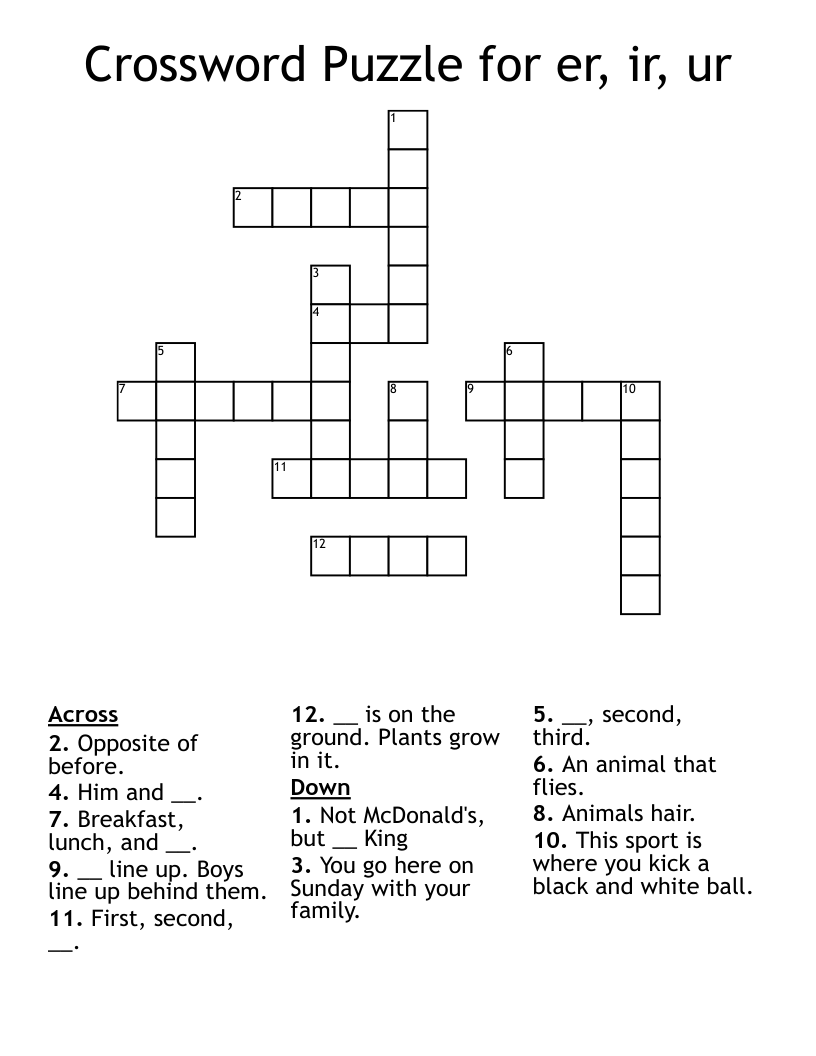 Crossword Puzzle for er, ir, ur