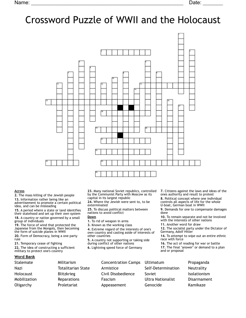 Crossword Puzzle of WWII and the Holocaust