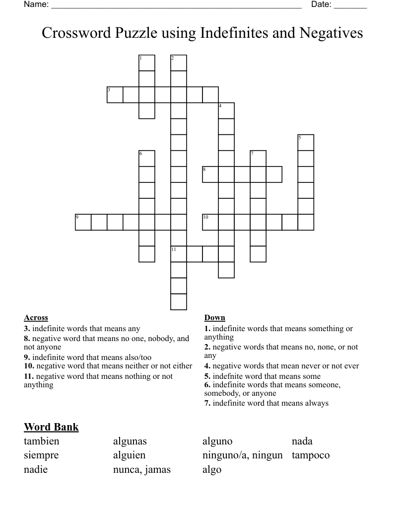 Crossword Puzzle using Indefinites and Negatives