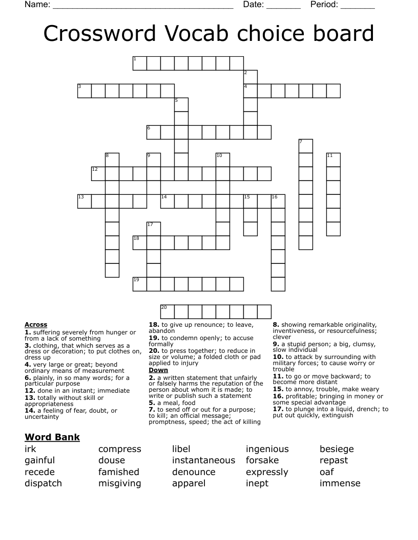 Crossword Vocab choice board