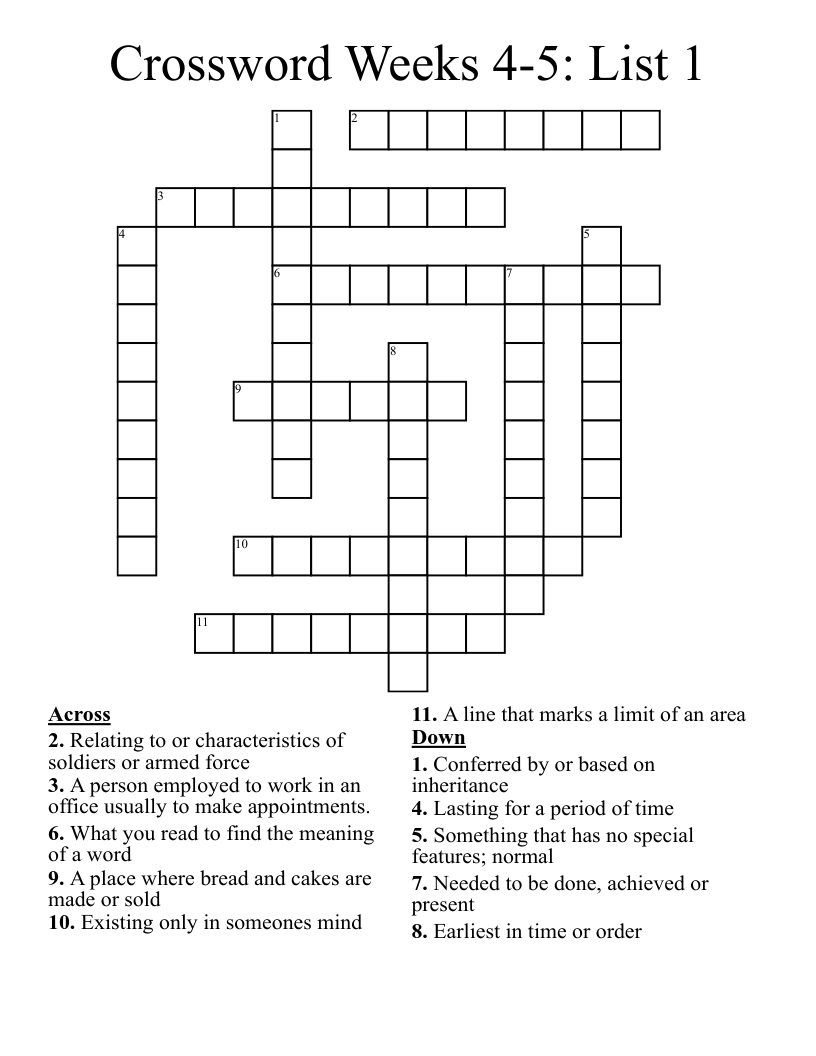 Crossword Weeks 4-5: List 1