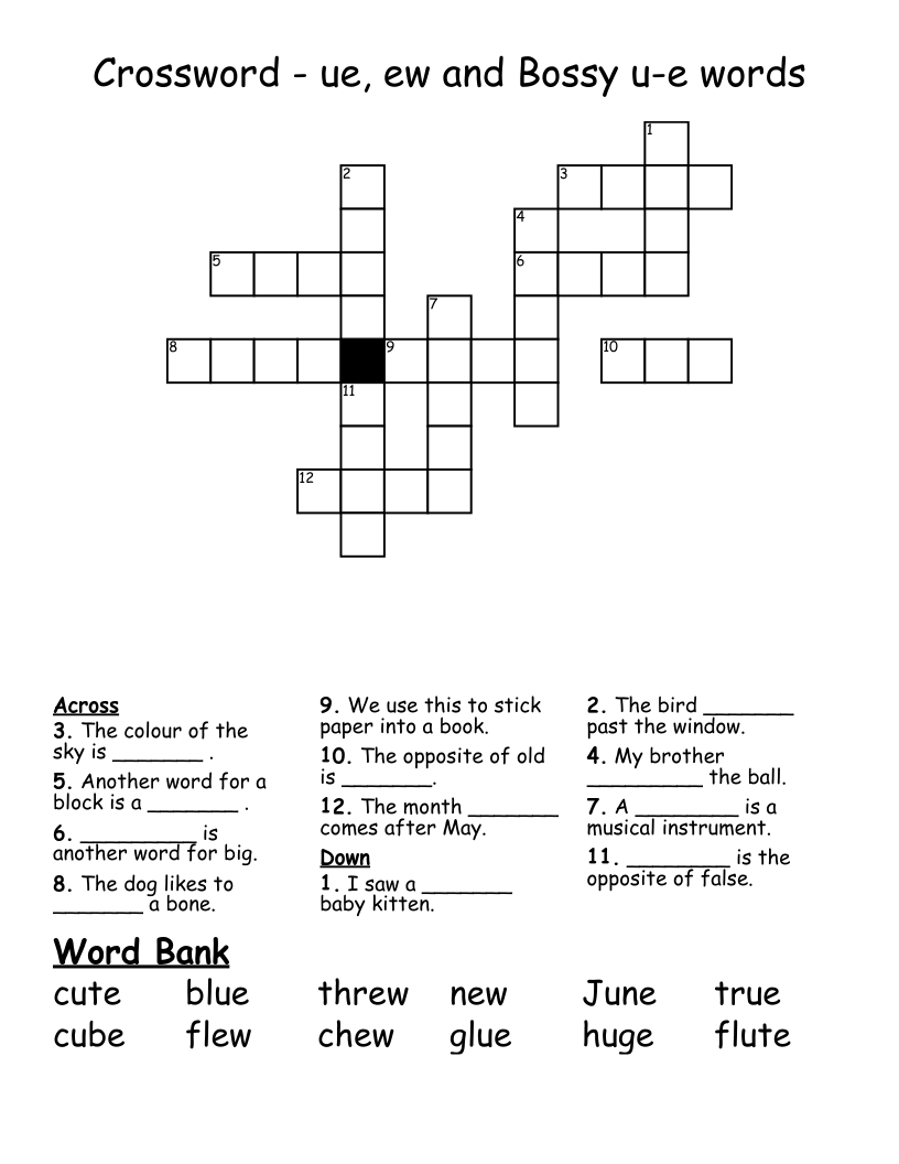Crossword - ue, ew and Bossy u-e words