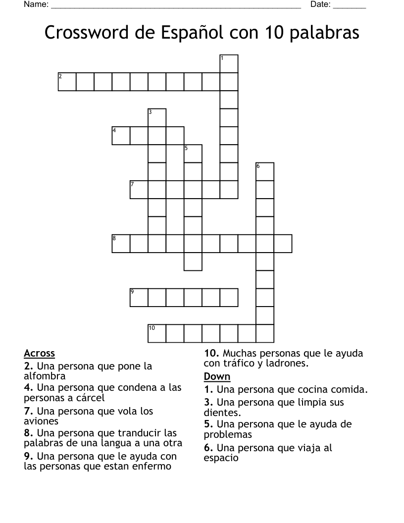 Crossword de Español con 10 palabras 