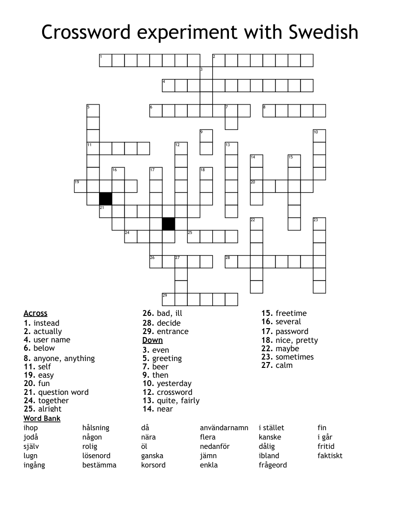 Crossword experiment with Swedish
