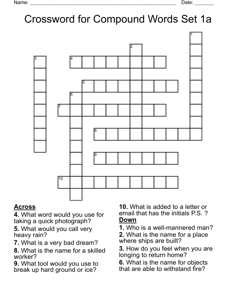 Crossword for Compound Words Set 1a