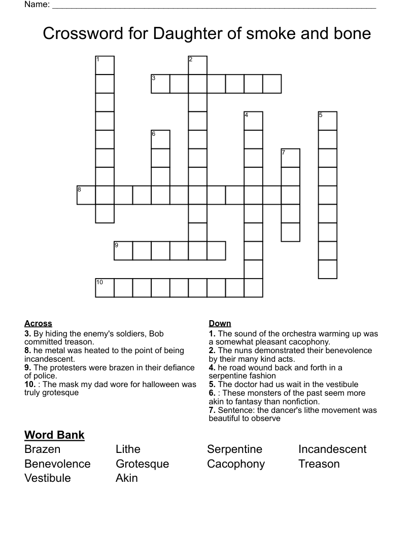 Crossword for Daughter of smoke and bone