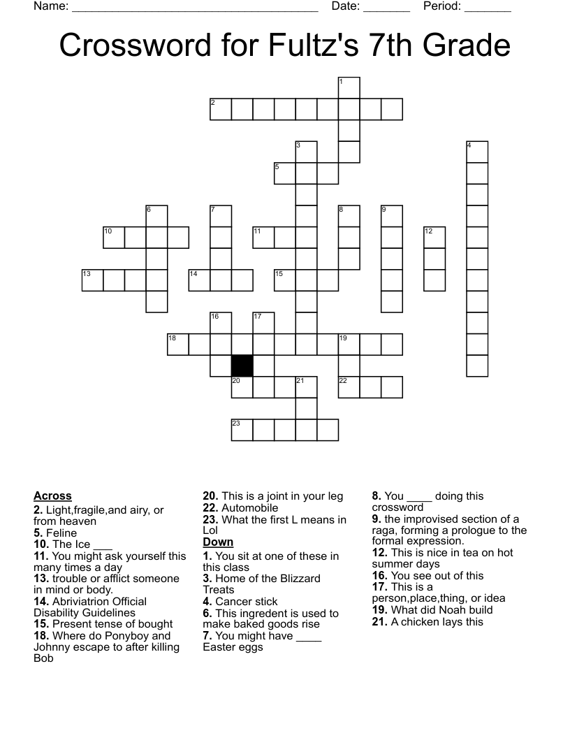 Crossword for Fultz's 7th Grade