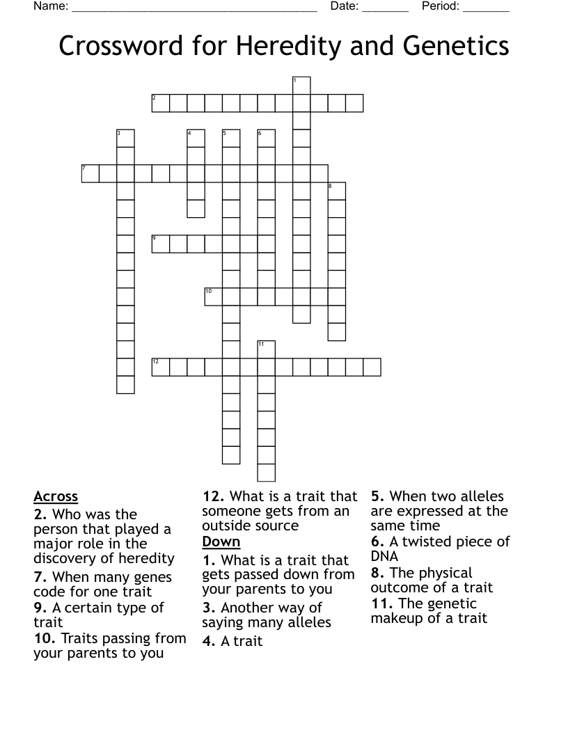 Crossword for Heredity and Genetics