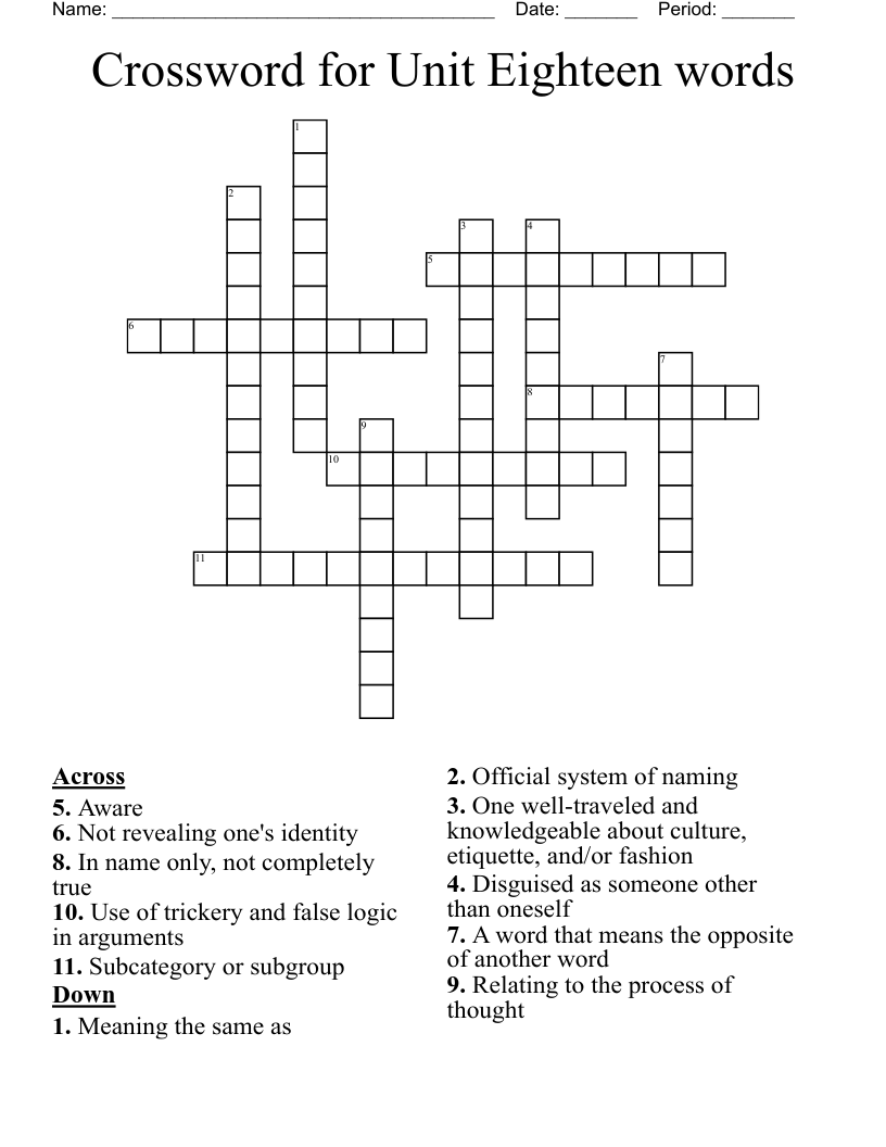 Crossword for Unit Eighteen words
