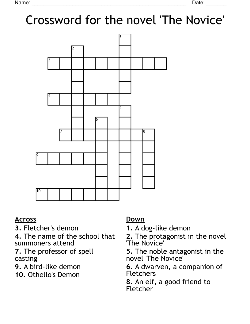 Crossword for the novel 'The Novice'