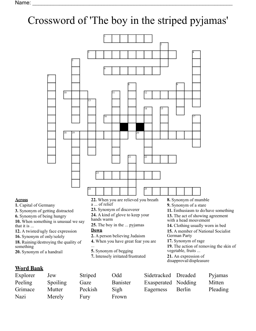 Crossword of  'The boy in the striped pyjamas'
