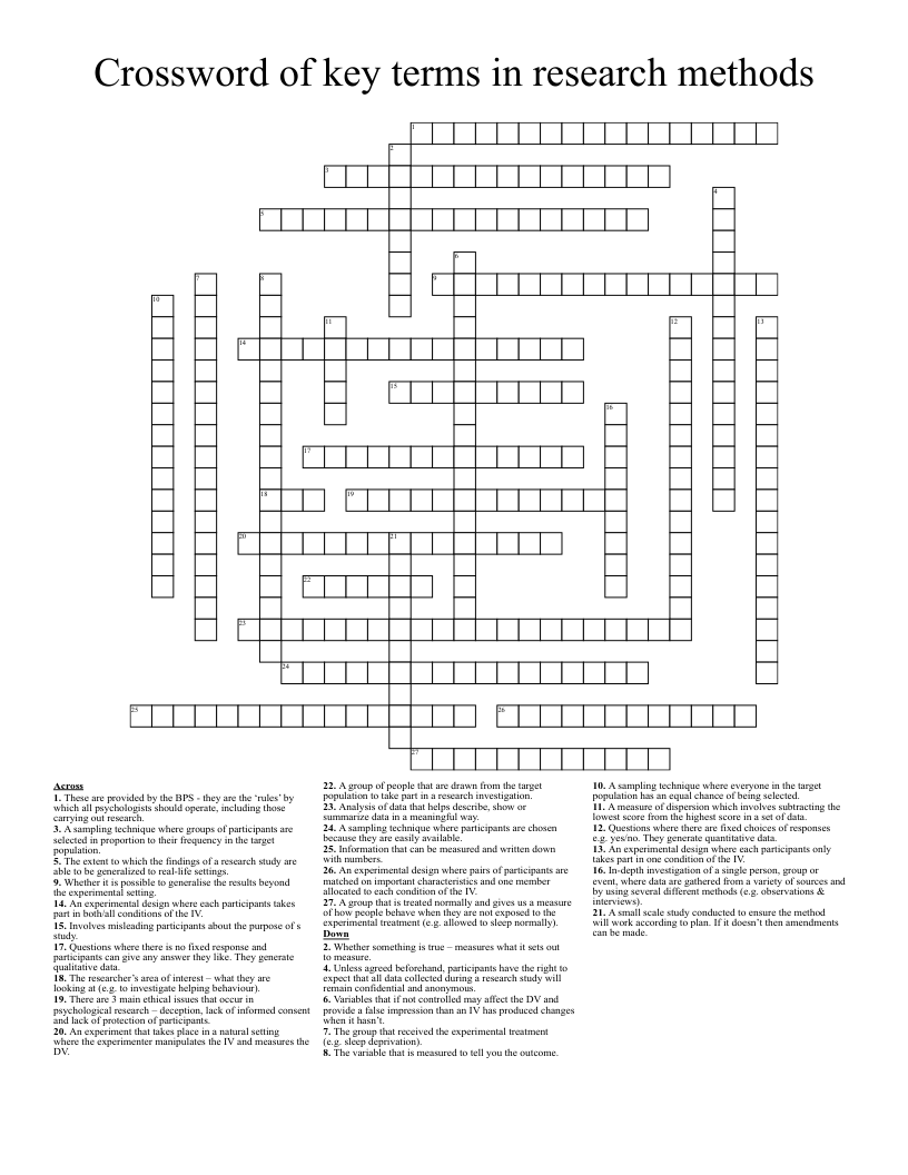 Crossword of key terms in research methods