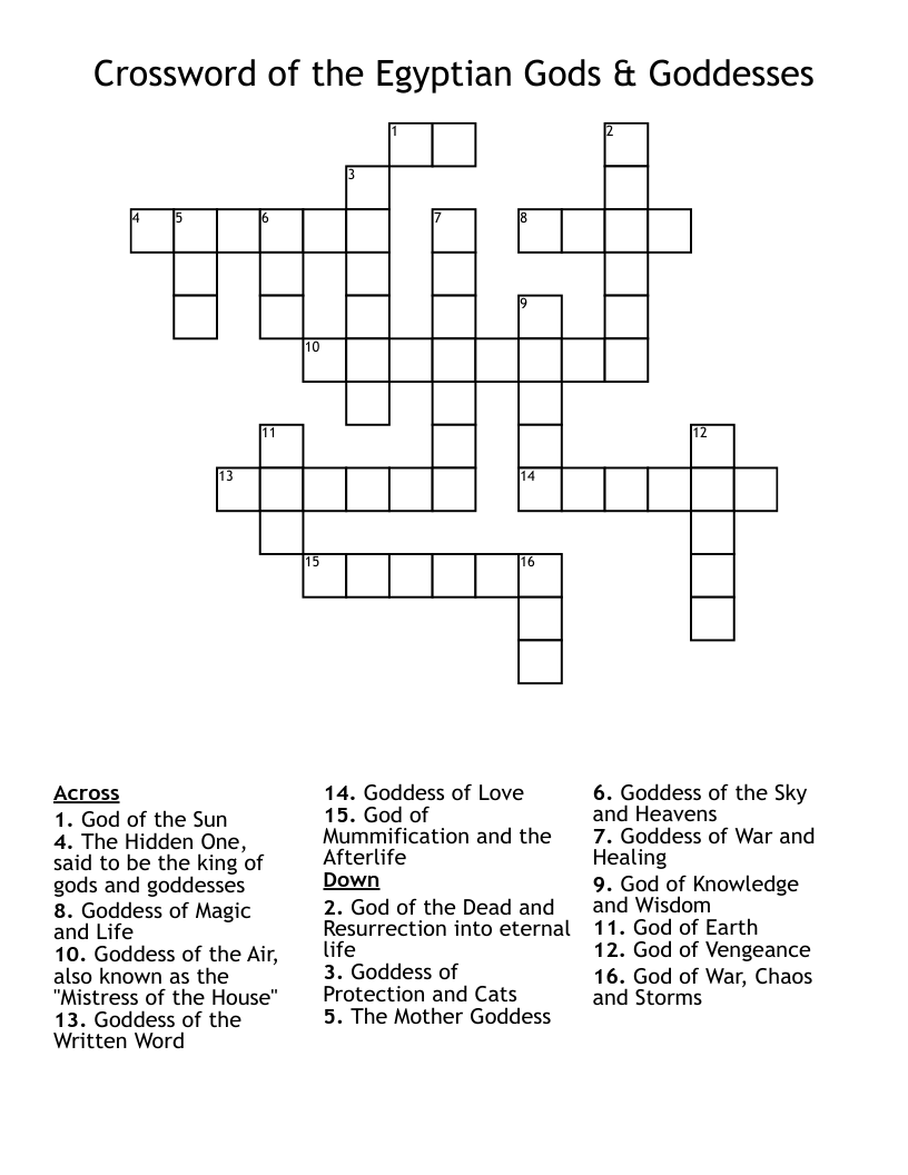 Crossword of the Egyptian Gods & Goddesses