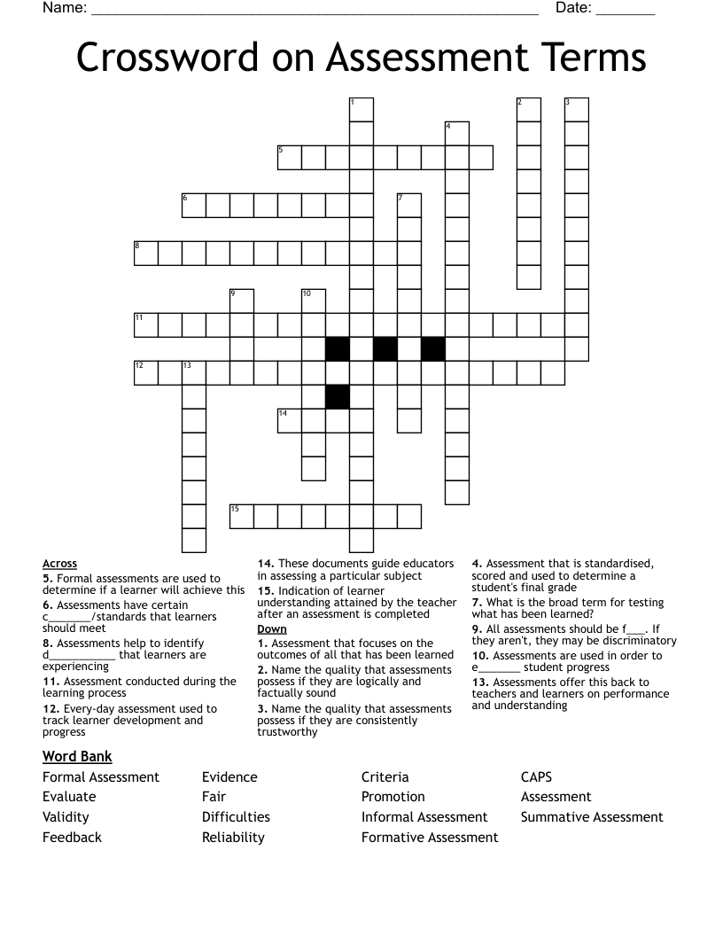 Crossword on Assessment Terms