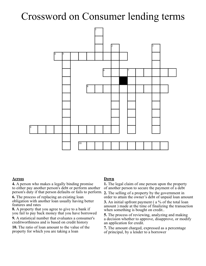 Crossword on Consumer lending terms