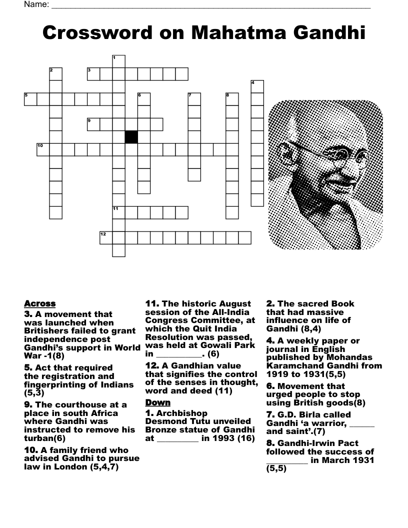 Crossword on Mahatma Gandhi