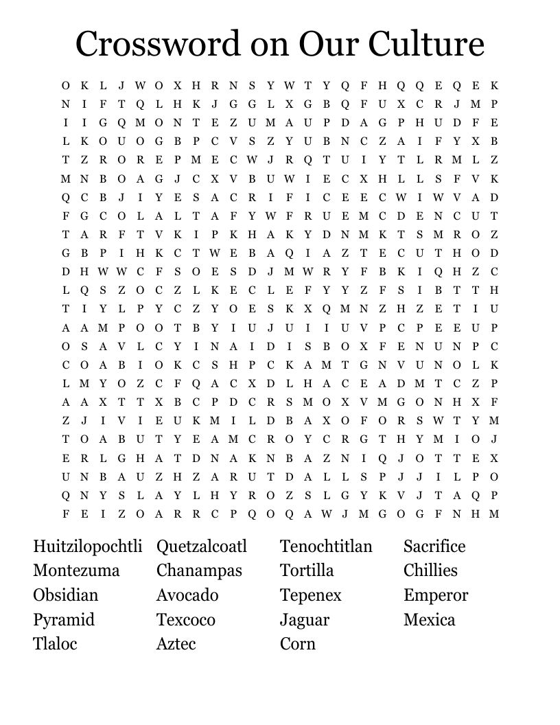 Crossword on Our Culture Word Search