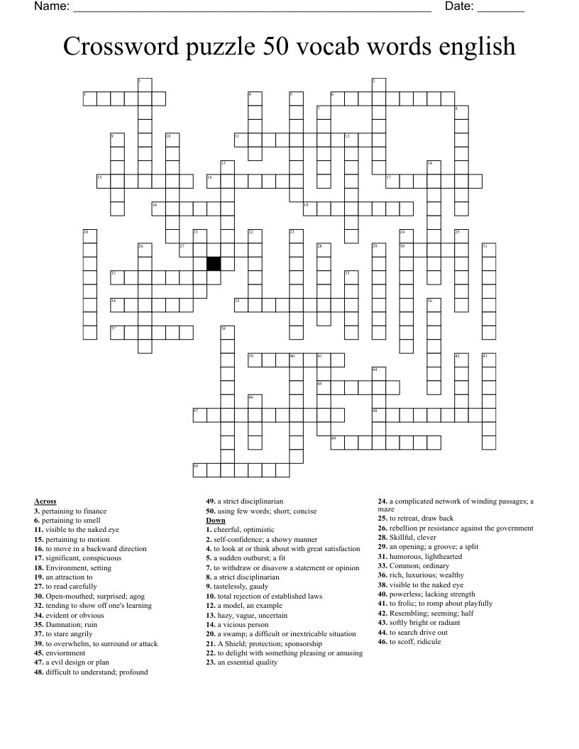 Crossword puzzle 50 vocab words english 