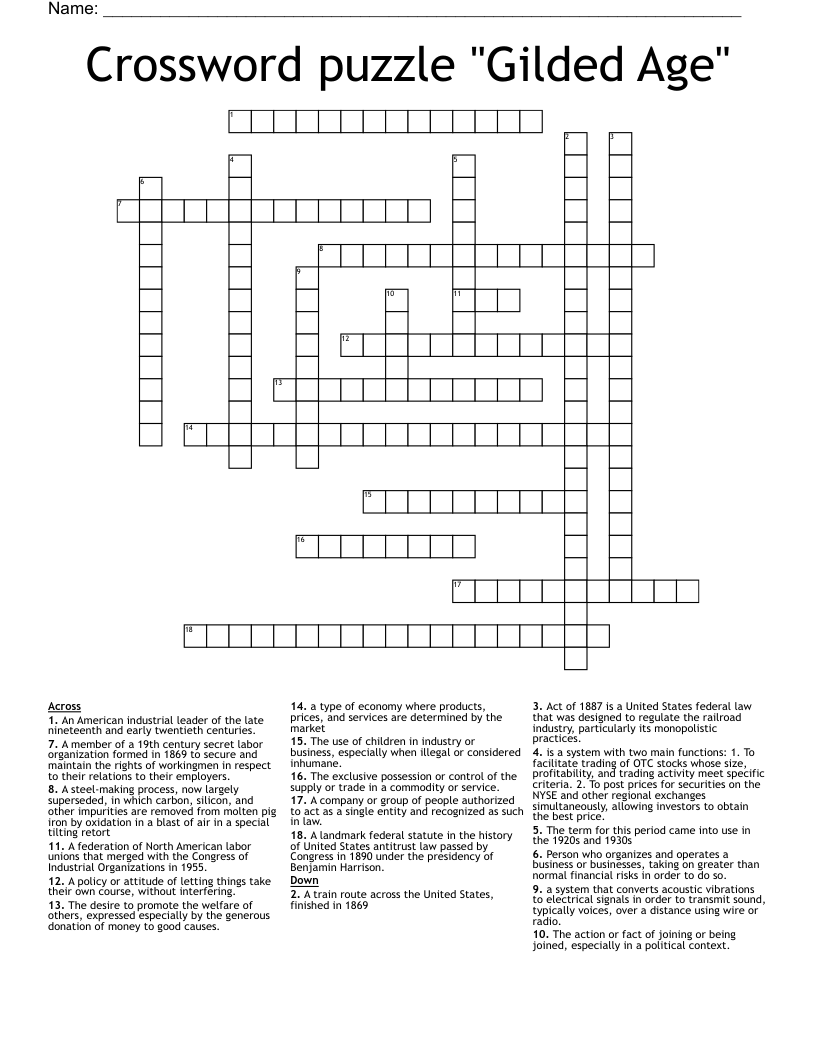 Crossword puzzle "Gilded Age"