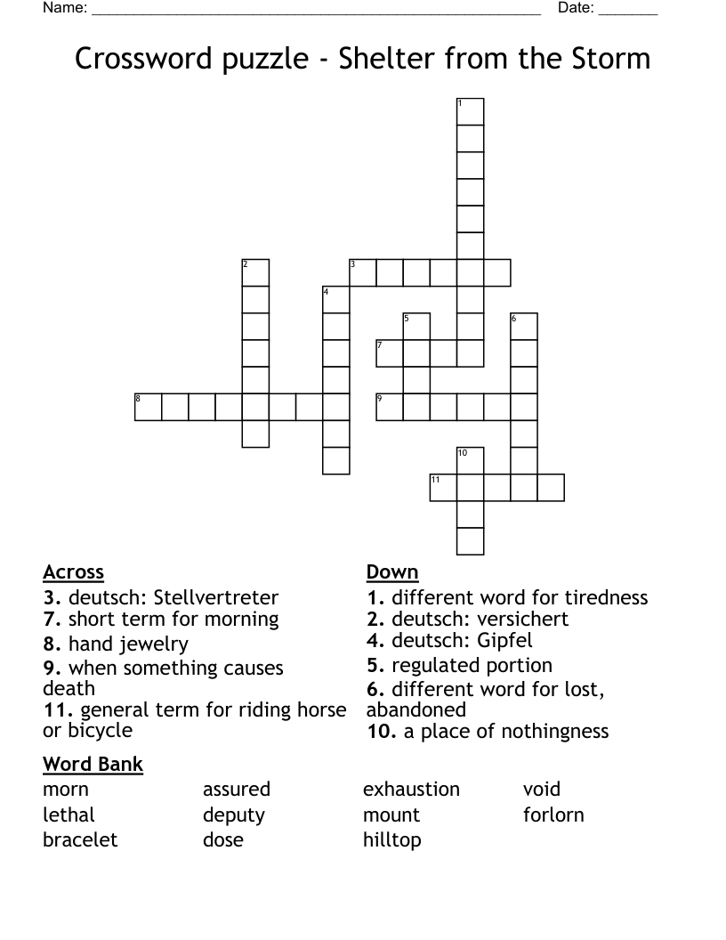 Crossword puzzle - Shelter from the Storm