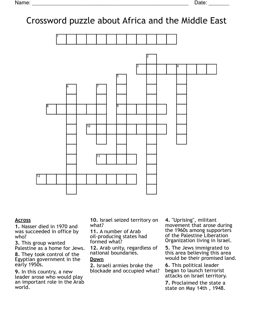 Crossword puzzle about Africa and the Middle East