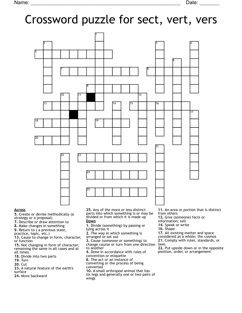 Crossword puzzle for sect, vert, vers