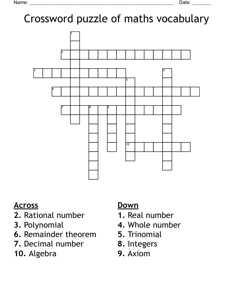 Crossword puzzle of maths vocabulary