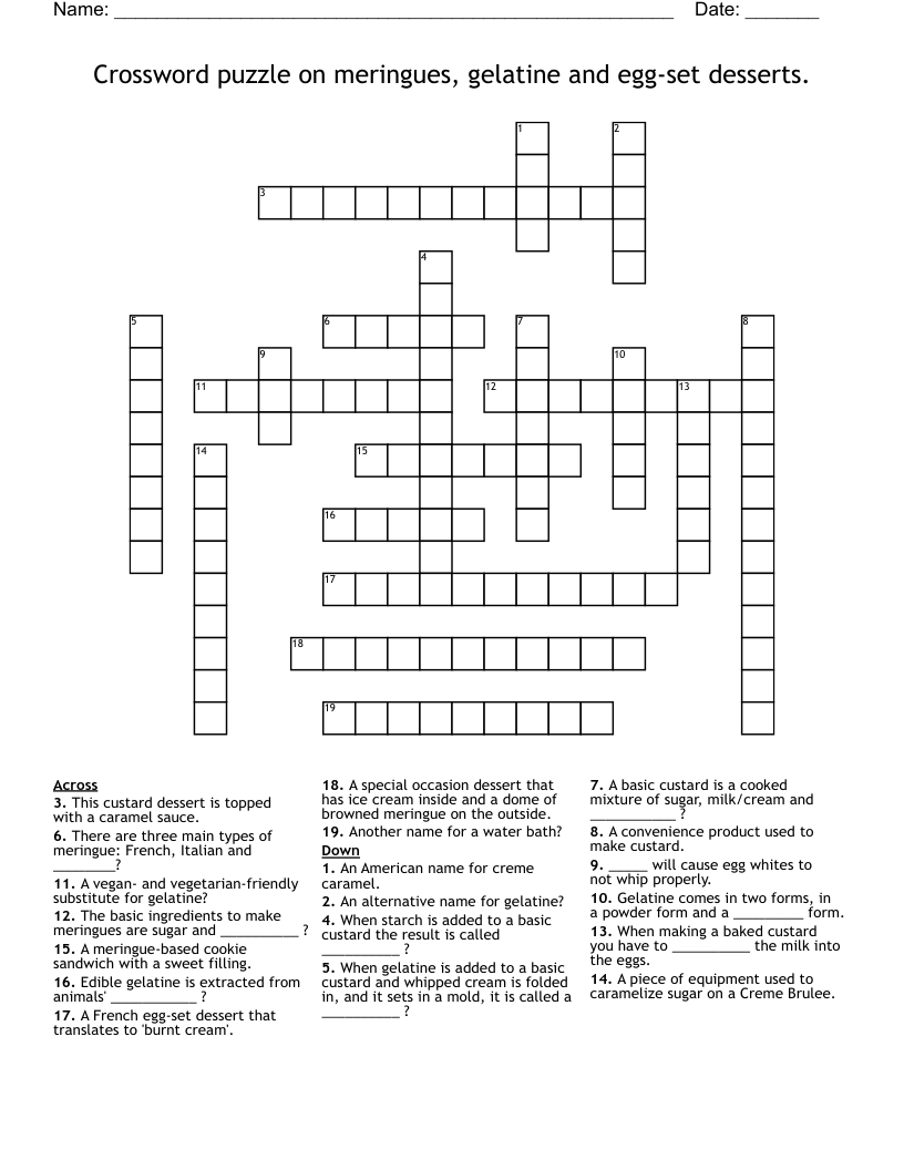 Crossword puzzle on meringues, gelatine and egg-set desserts.