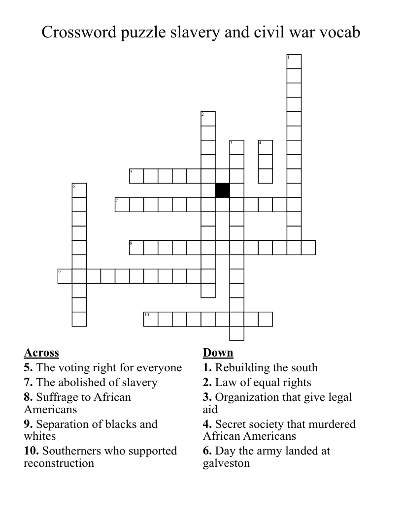 Crossword puzzle slavery and civil war vocab