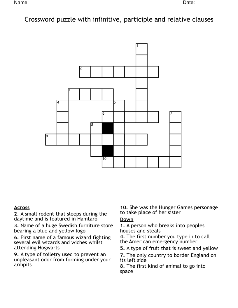 Crossword puzzle with infinitive, participle and relative clauses