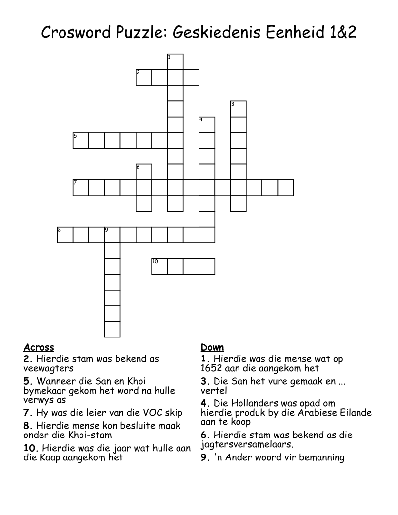 Crosword Puzzle: Geskiedenis Eenheid 1&2 Crossword