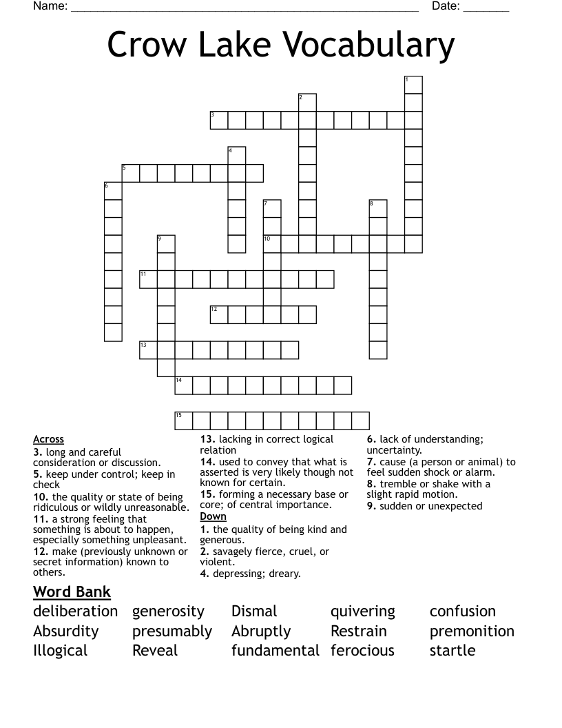 Crow Lake Vocabulary Crossword