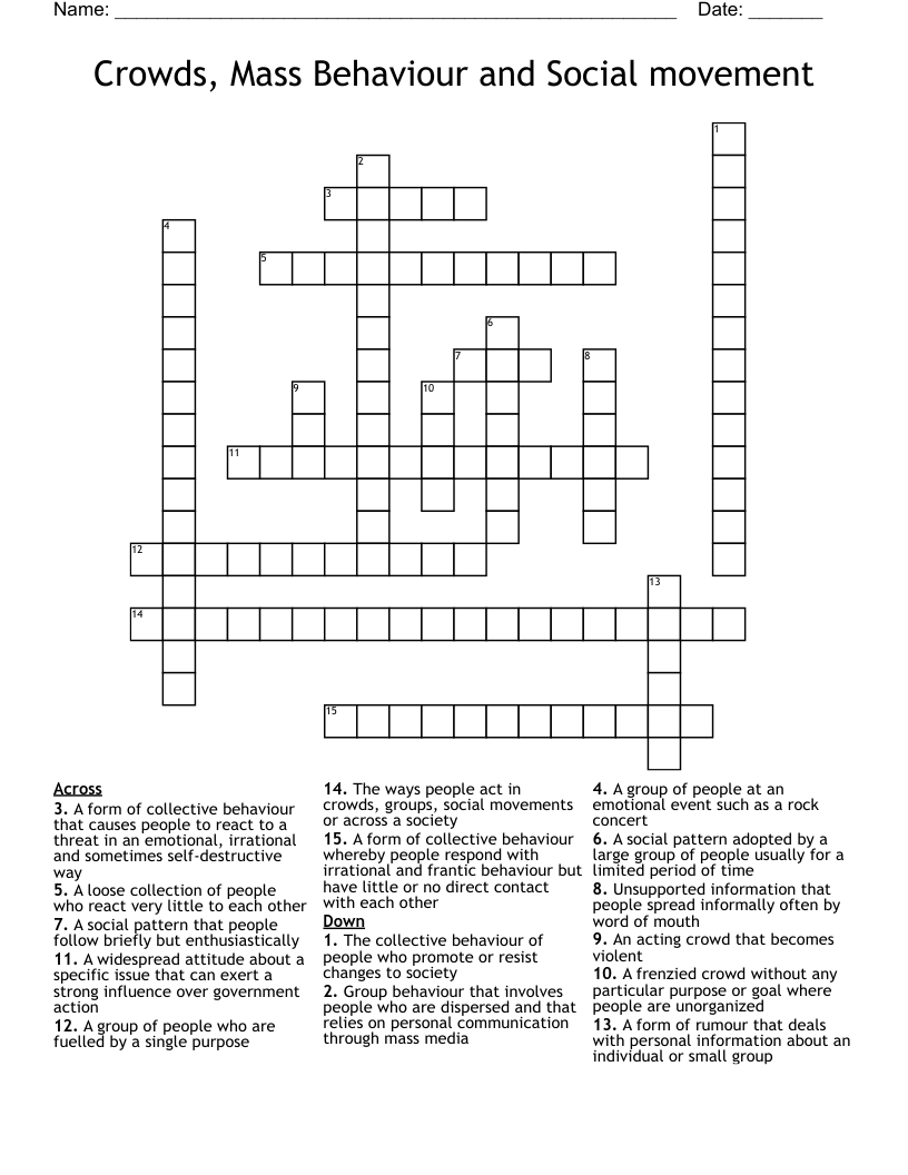Crowds, Mass Behaviour and Social movement Crossword